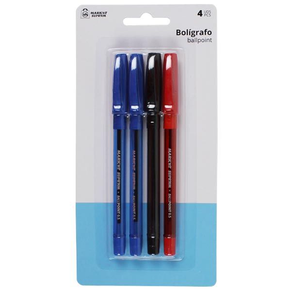 Boligrafo ball point 4 uds azul, negro y rojo